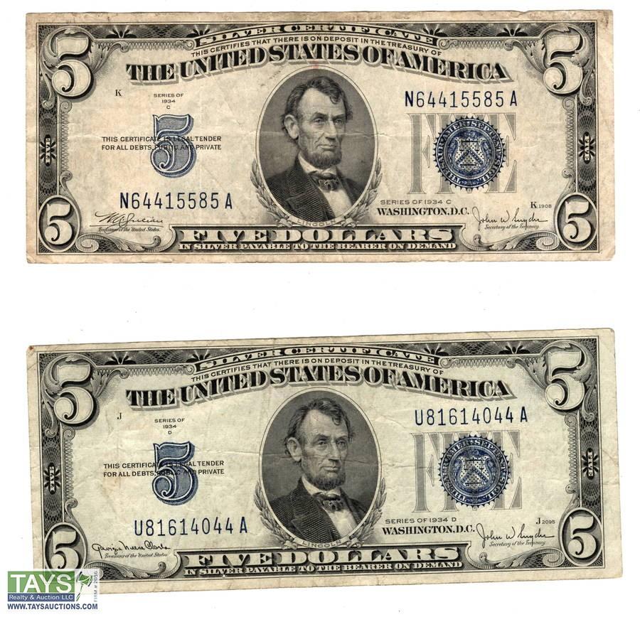 1934 Five Dollar Blue Seal Note Silver Certificate Old US Bill $5