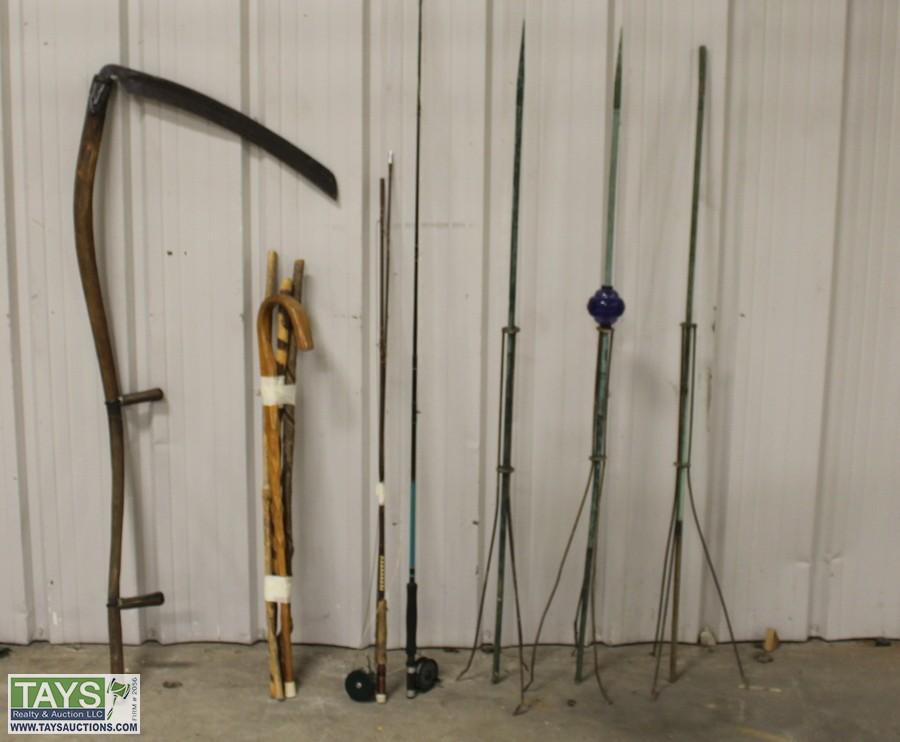 Tays Realty & Auction - Auction: November WH. ITEM: One Scythe, Two Fly  Fishing Rods, Three Canes and Plants Holders